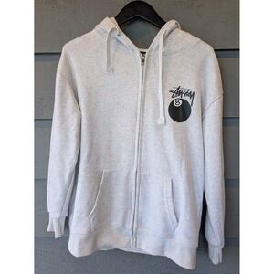 Stussy Hoodie Mens Small Gray 8 Ball Logo Full Zip Fleece Back Graphic